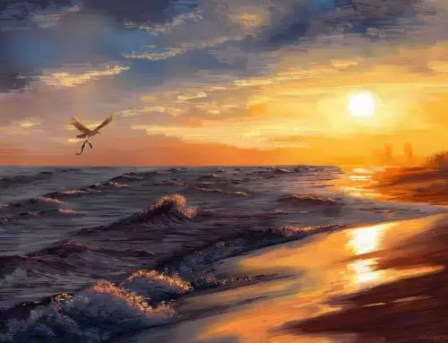 Seaside beach in evening sunset